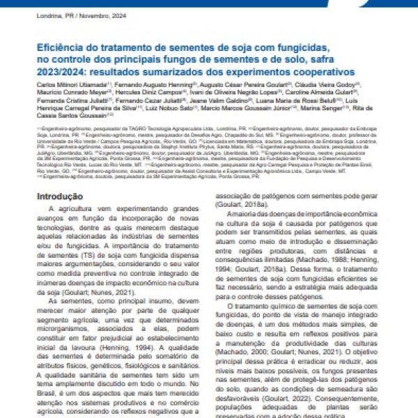 Eficiência do tratamento de sementes de soja com fungicidas, no controle dos principais fungos de sementes e de solo, safra 2023/2024: resultados sumarizados dos experimentos cooperativos